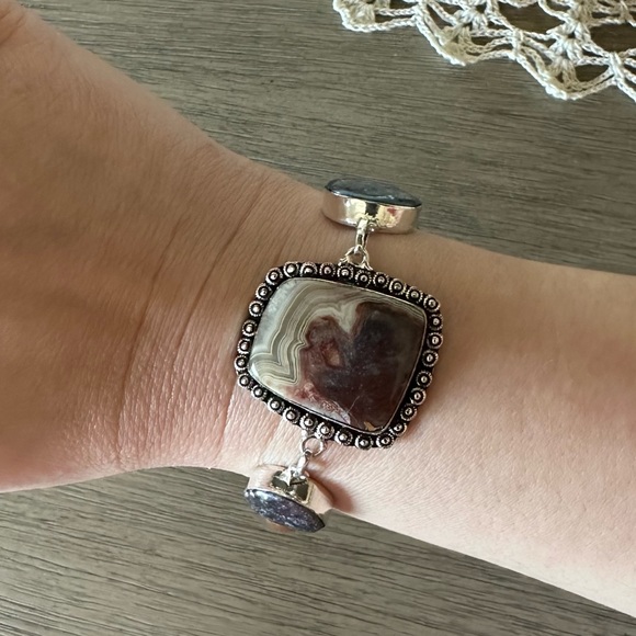 0327 Crazy Lace Agate Biwa Pearl Bracelet Handmade Silver Gemstone Jewelry - Picture 6 of 9